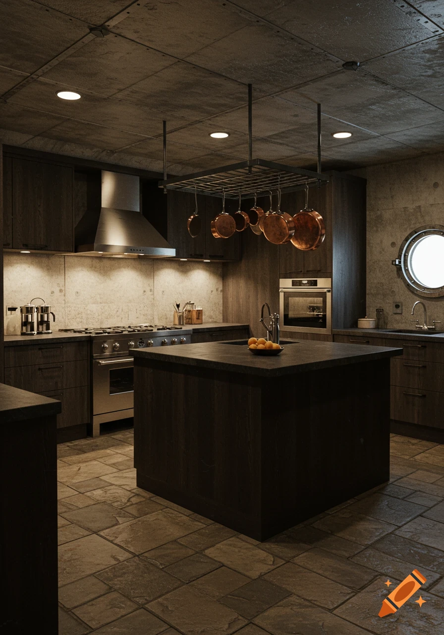 A dimly lit, industrial-style kitchen featuring concrete walls and ceiling, a dark island, copper pots, and a porthole window.