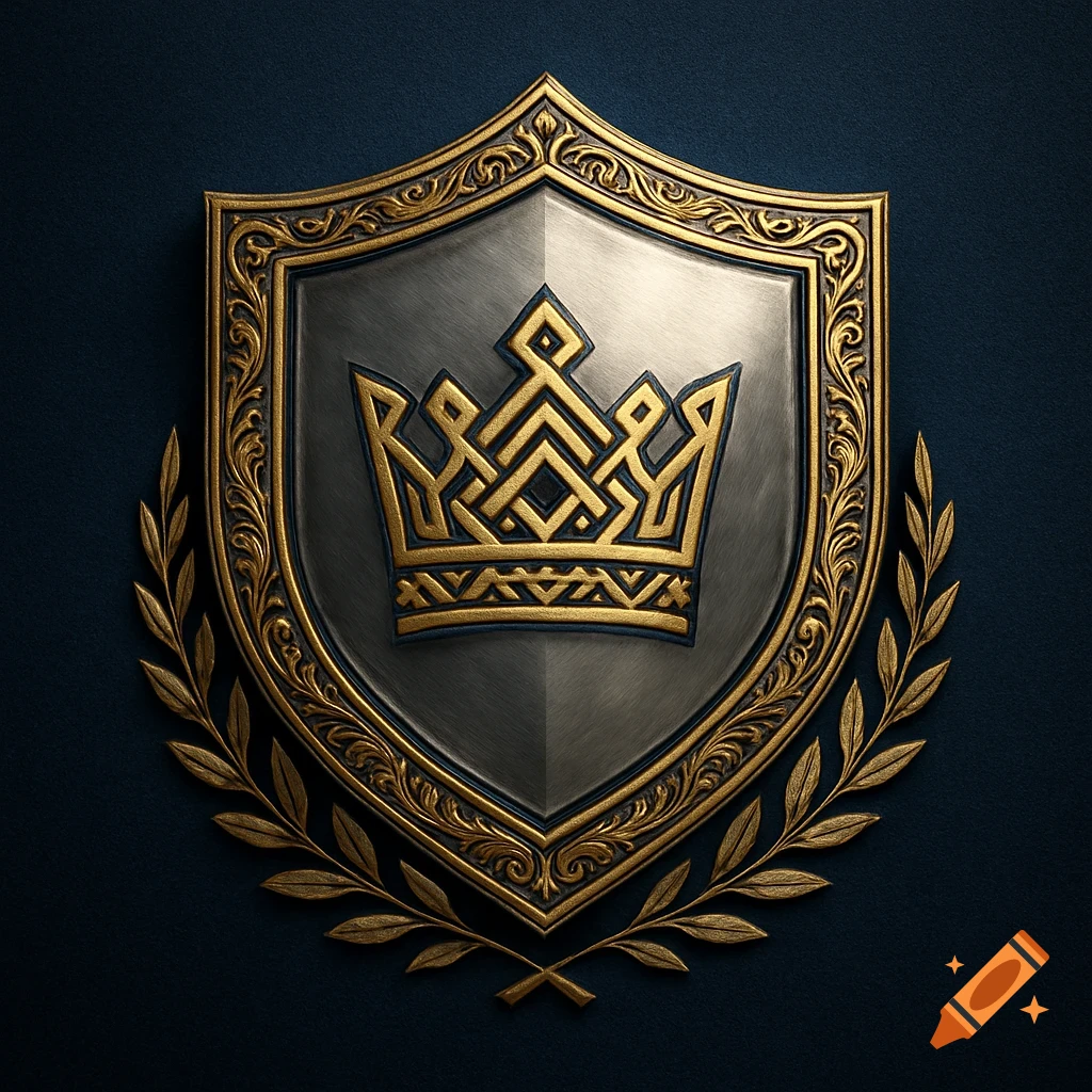 A metallic gold and silver shield with an ornate gold crown, flanked by gold laurel leaves, on a dark blue background.