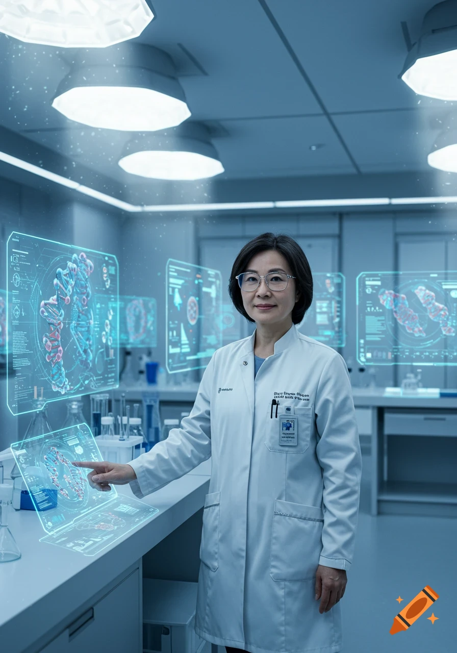 A female scientist in a lab coat points at a holographic display in a futuristic research laboratory.