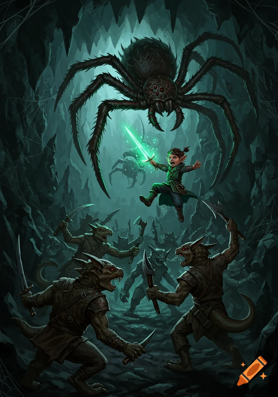 A halfling hero with a glowing sword battles a giant spider and an army of kobolds in a dark fantasy cave.