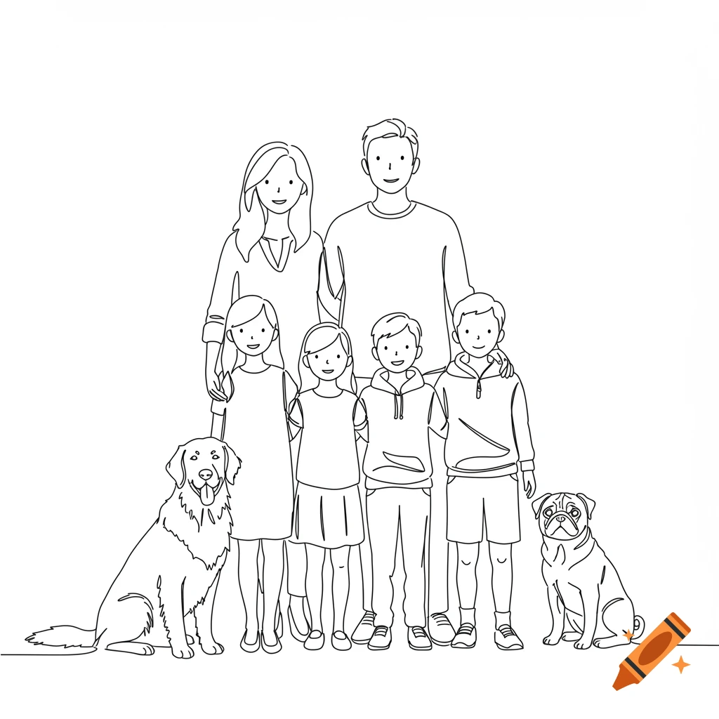 A black and white line art illustration of a family of five (mother, father, three children) with a golden retriever and a pug.