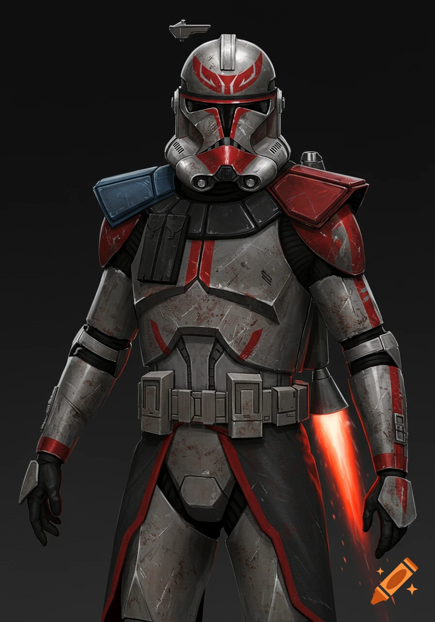 Detailed concept art of a battle-worn Star Wars clone trooper in gray, red, and black armor with a blue shoulder pad and glowing red jetpack.