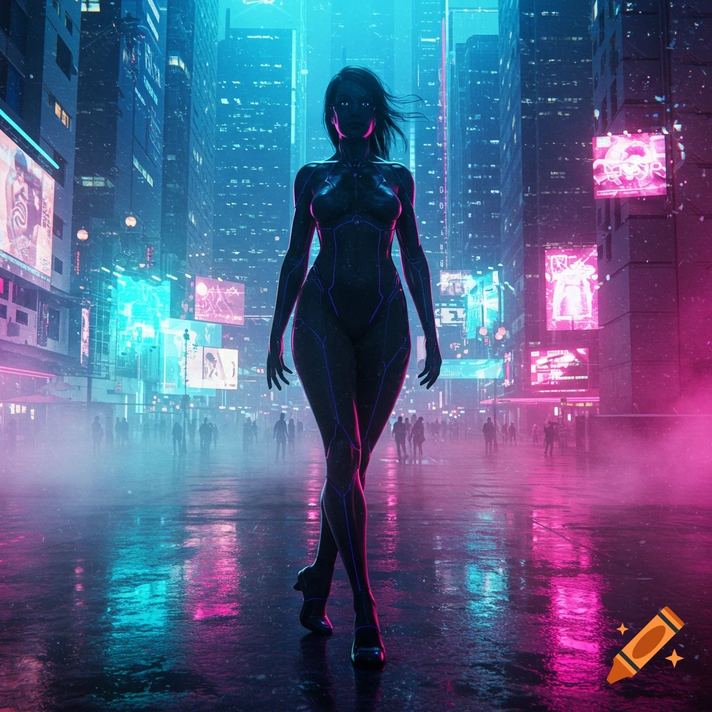 A woman in a dark, form-fitting bodysuit with glowing lines walks through a neon-lit cyberpunk city street at night, with reflections on the wet ground.