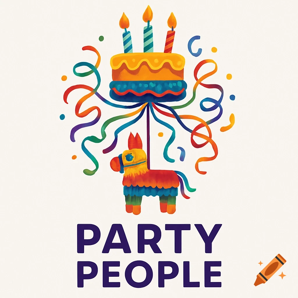 Colorful illustration logo featuring a birthday cake with candles, streamers, a piñata, and the text 'PARTY PEOPLE'.