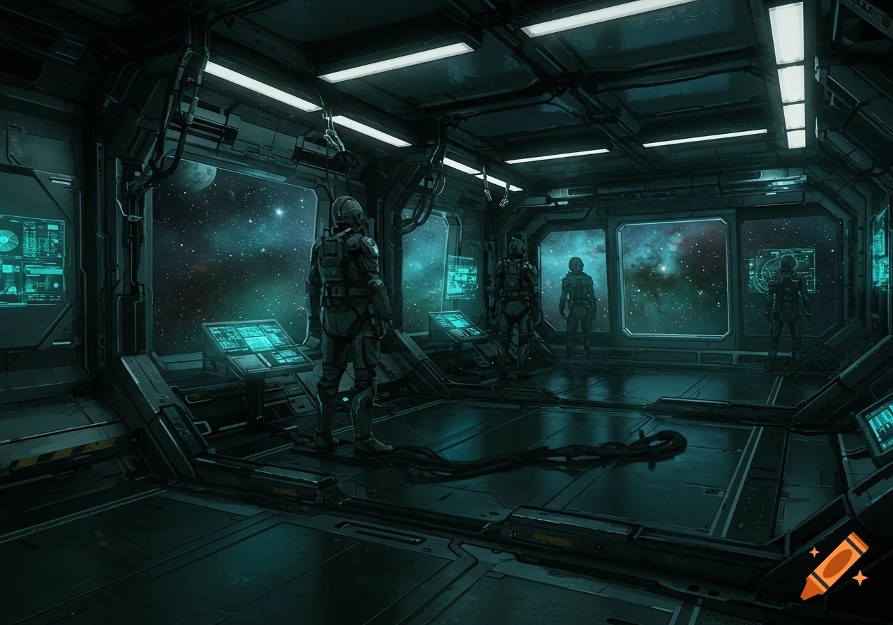 Astronauts in a dimly lit, futuristic starship cabin look out large windows at a vibrant, star-filled galaxy and a distant moon.