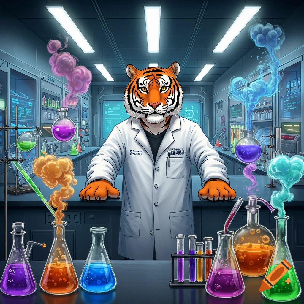 A cartoon tiger in a white lab coat stands in a chemistry lab, surrounded by colorful beakers bubbling with smoke. The style is bright and illustrative.