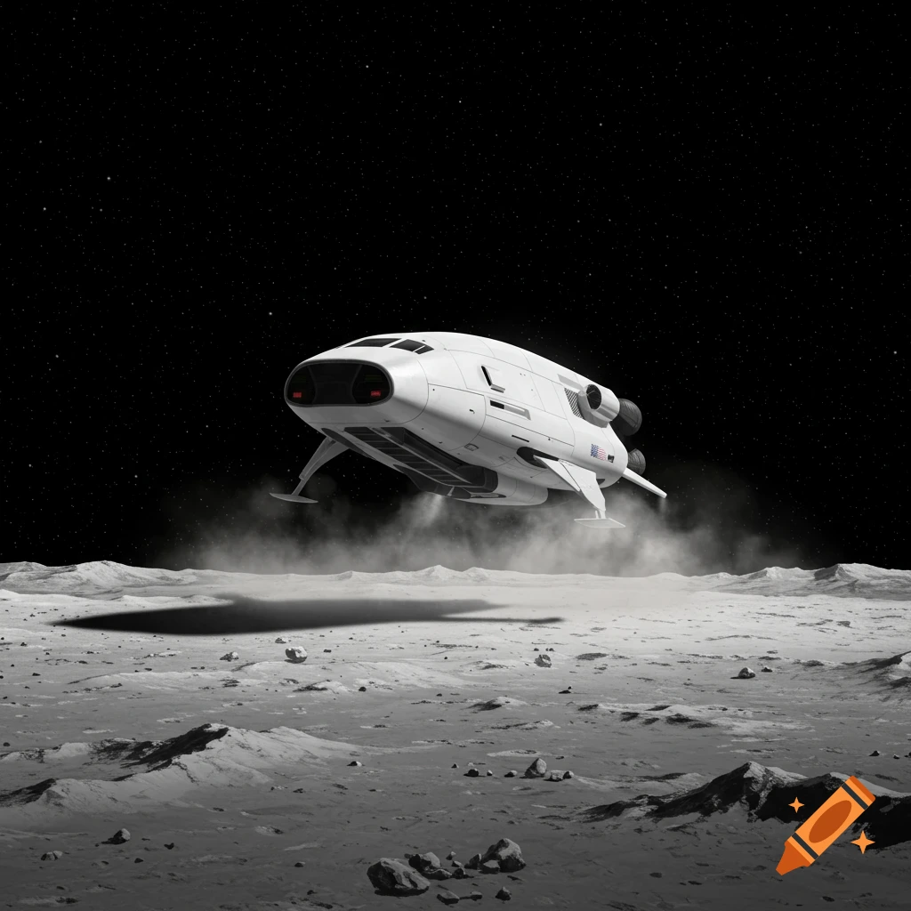A white spaceship lands on a dusty, cratered moon surface under a starry black sky, kicking up dust.