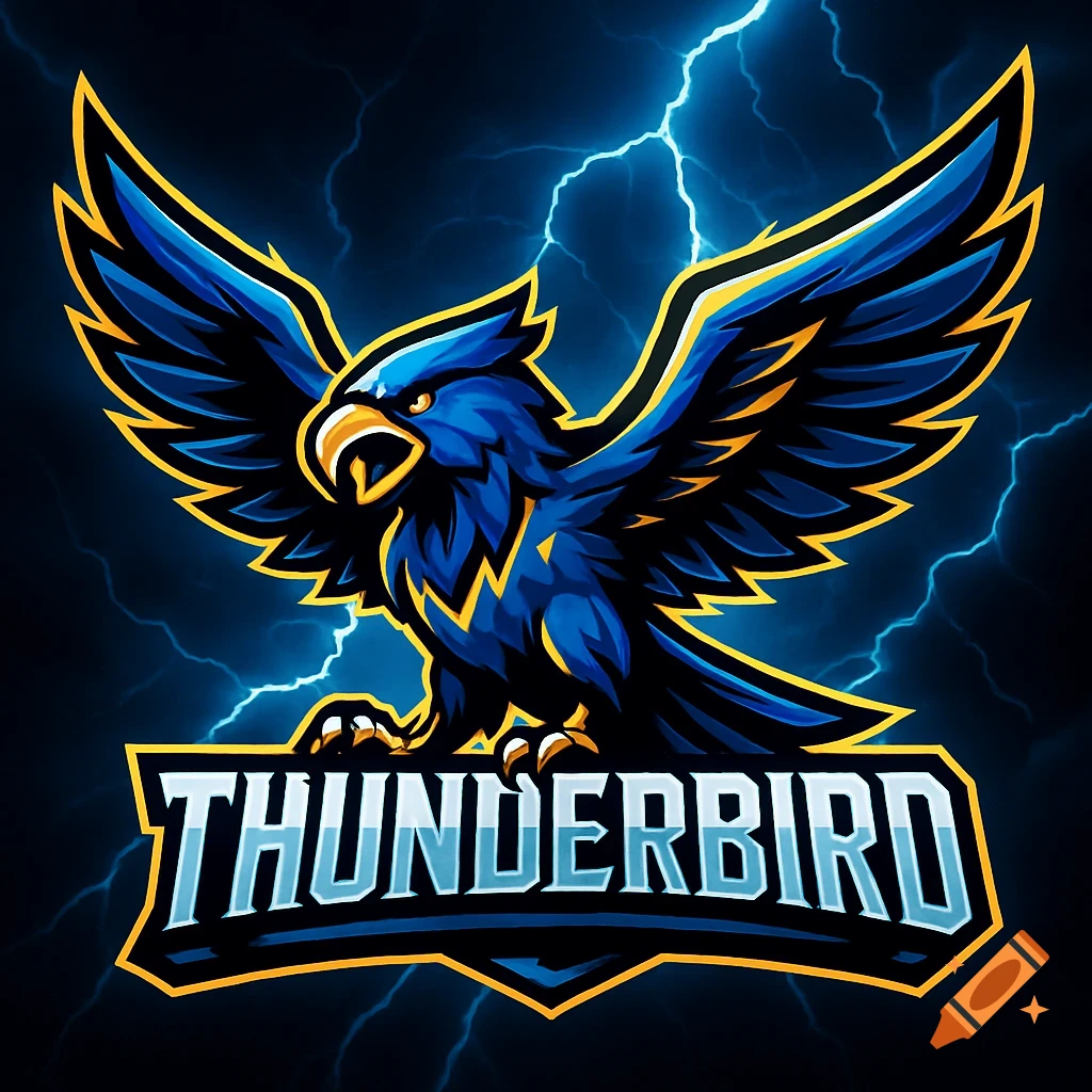 Stylized blue and yellow thunderbird logo with outstretched wings against a dark background with blue lightning, featuring the word 'THUNDERBIRD' below.
