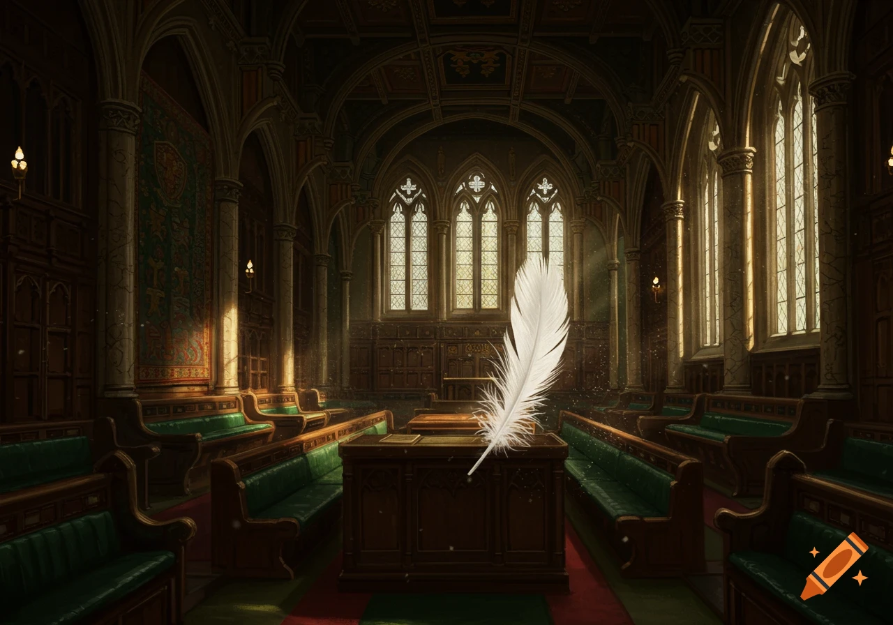 A large white feather stands on a dark wooden desk in an ornate hall with green benches and sunlit arched windows.