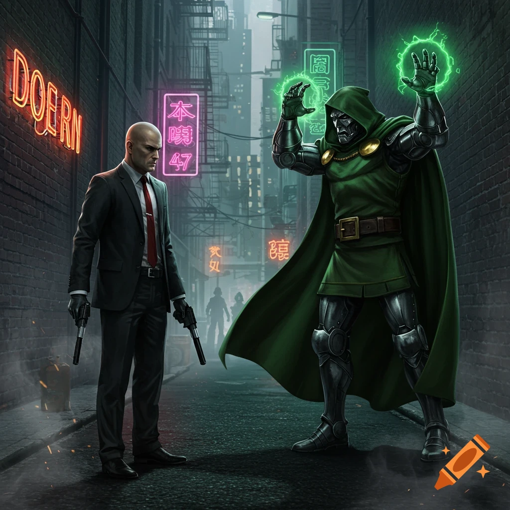 Agent 47 and Dr. Doom face off dramatically in a neon-lit city alley, Agent 47 holding pistols, and Dr. Doom casting green magic.