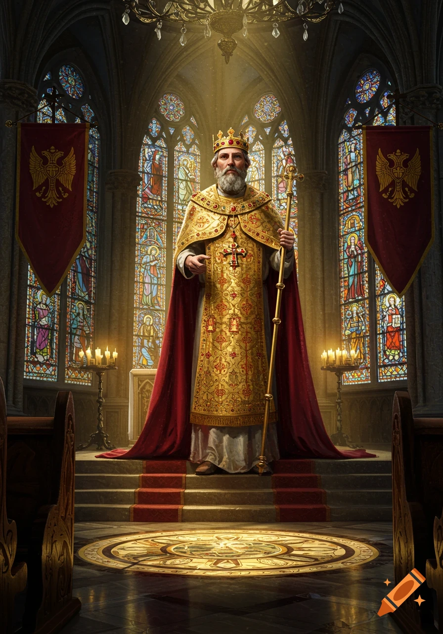 Regal, bearded man in golden robe and crown stands in a grand cathedral with stained glass windows, holding a staff.