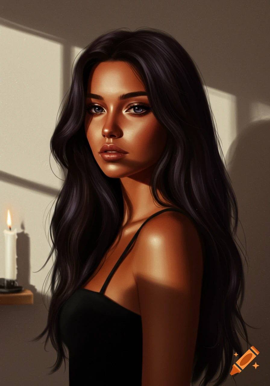 Digital painting of a beautiful young woman with long dark hair, tan skin, and a black top, lit by a candle.