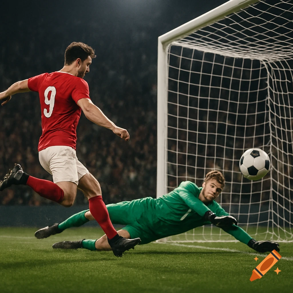 A soccer player in a red jersey number 9 kicks the ball towards the goal as a goalkeeper in a green jersey dives to save it.