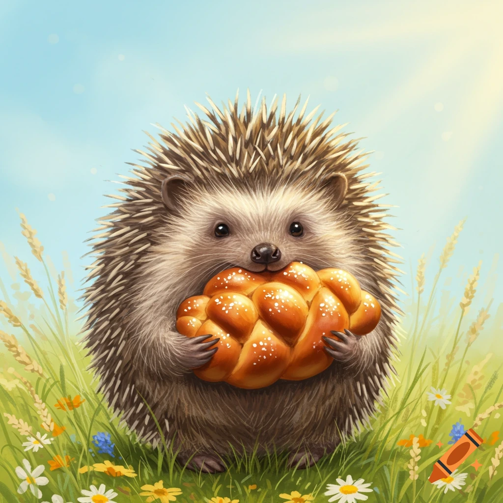 A cute, fluffy hedgehog standing in a sunny grassy field, holding a braided challah bread with both paws.