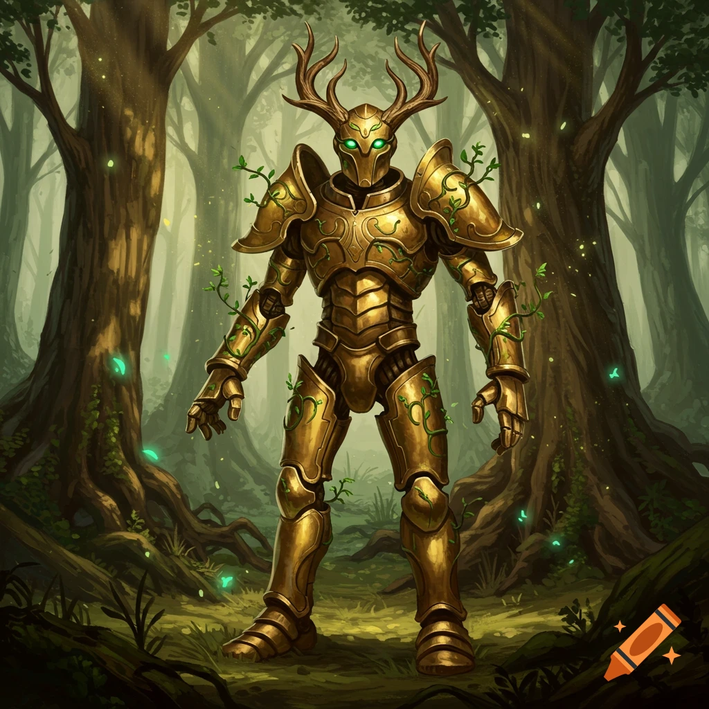 A golden armored warforged druid with antlers and glowing green eyes stands in an enchanted forest, vines on its armor, digital painting.