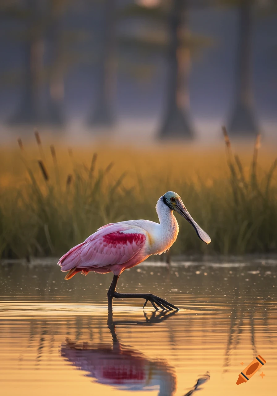 A vibrant Roseate Spoonbill wades in sunlit water with its reflection, surrounded by tall grass and blurred trees in a photorealistic style.
