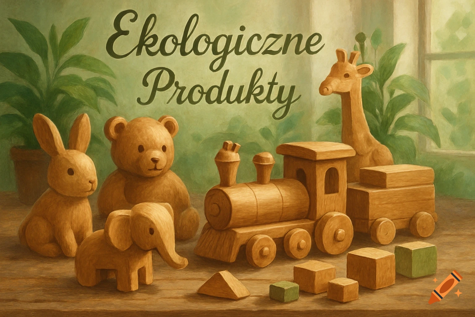Painterly illustration of wooden toys: a rabbit, bear, elephant, train, giraffe, and blocks, with 'Ekologiczne Produkty' text.