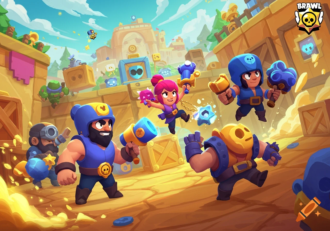Vibrant cartoon illustration of Brawl Stars characters fighting in a desert city environment with crates.