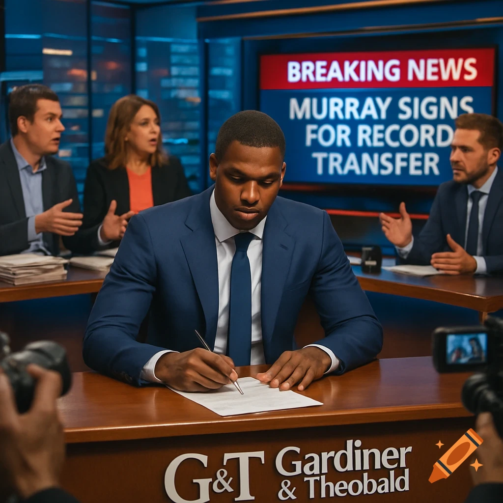 Man in blue suit signing a document at a news desk with "BREAKING NEWS" on a screen in the background.