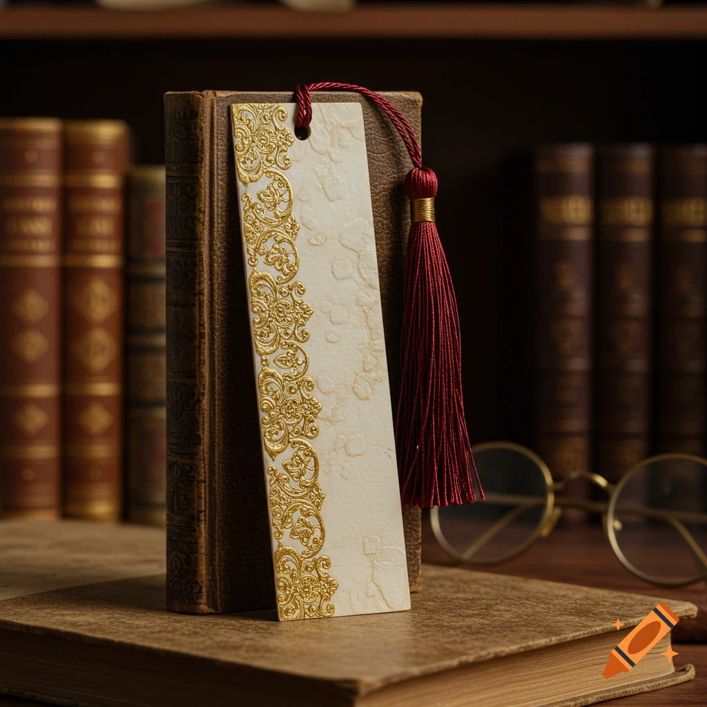 A decorative bookmark with a red tassel sits in an old book, surrounded by other books and glasses on a wooden table.