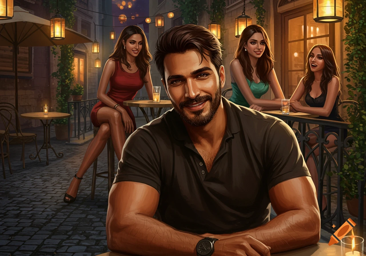 A handsome man with a beard smiles at the camera, seated at an outdoor cafe table with three women and warm lantern light in a digital painting.