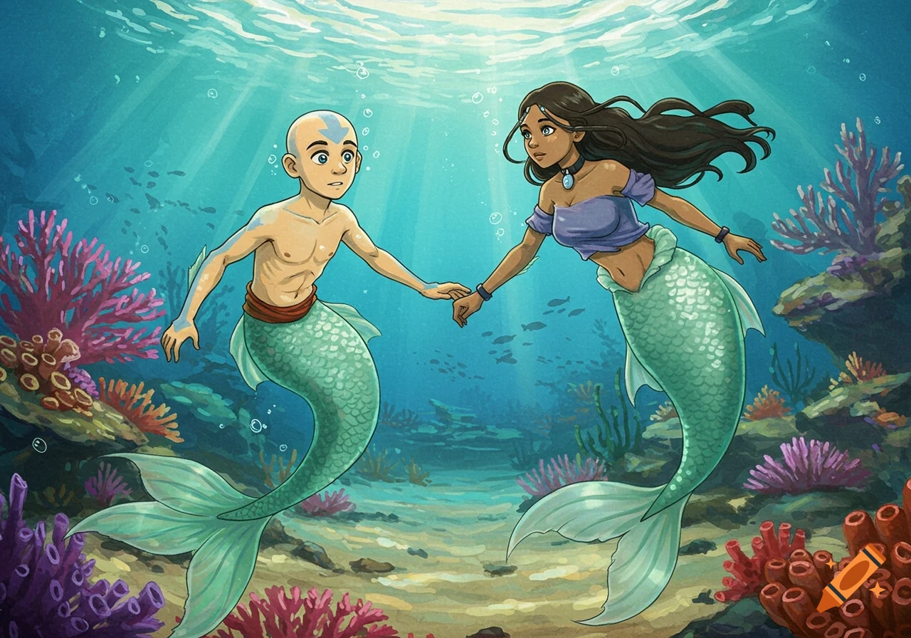 Cartoon illustration of Aang and Katara as mermaids holding hands underwater amidst coral reefs.