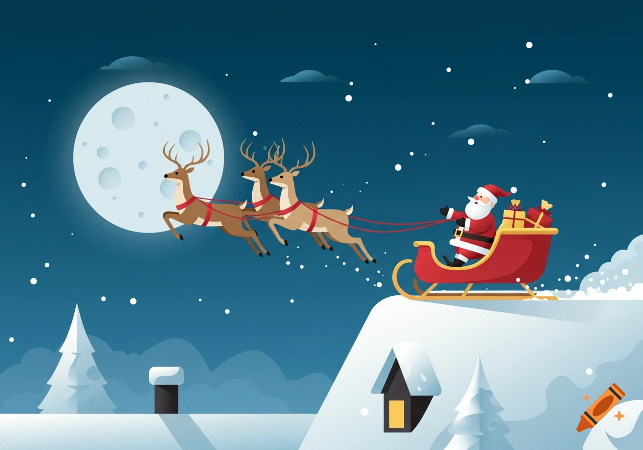 Flat design illustration of Santa in a sleigh pulled by three reindeer flying in front of a full moon over snowy rooftops.