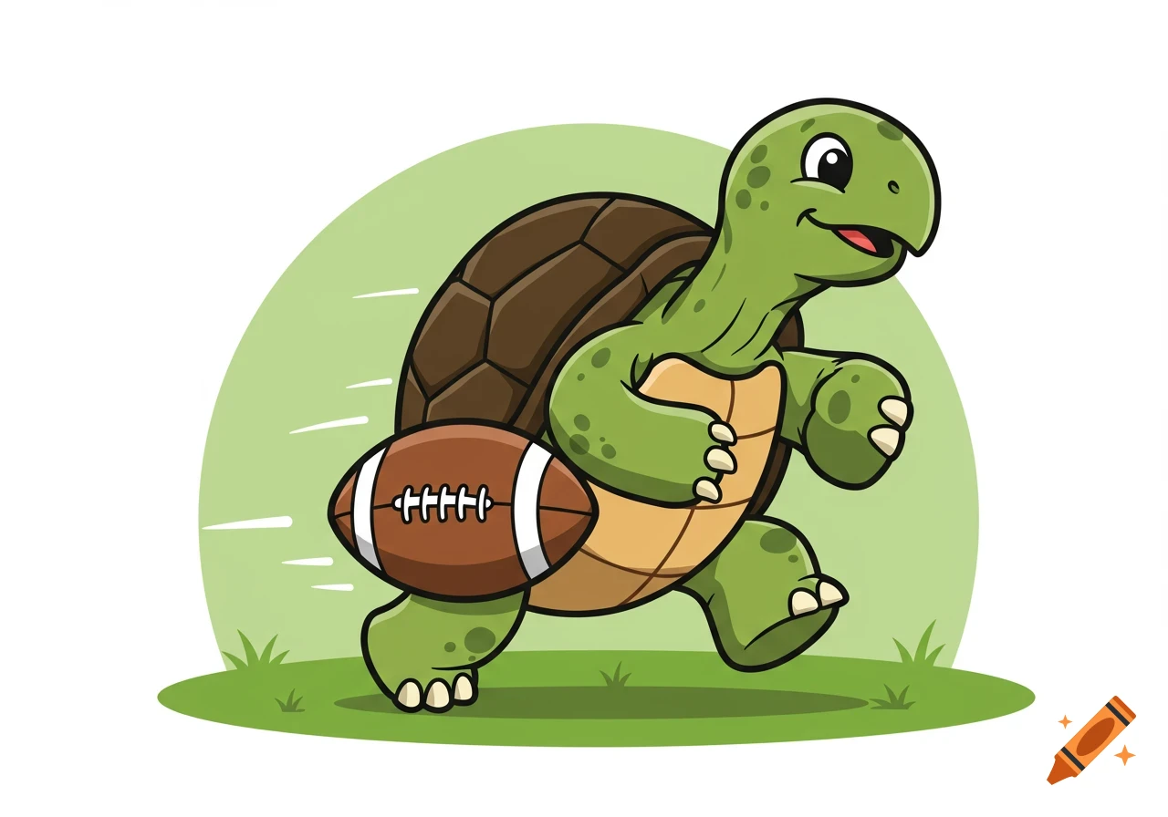 A cartoon turtle runs with a football across green grass against a light green background.
