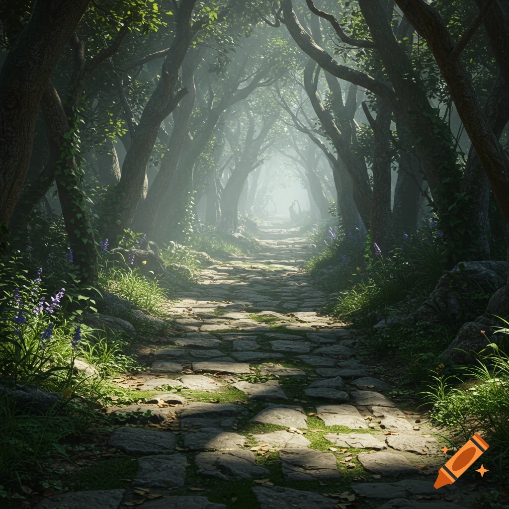 A winding stone path through a mystical, misty forest with tall trees and lush green foliage, dappled with sunlight.