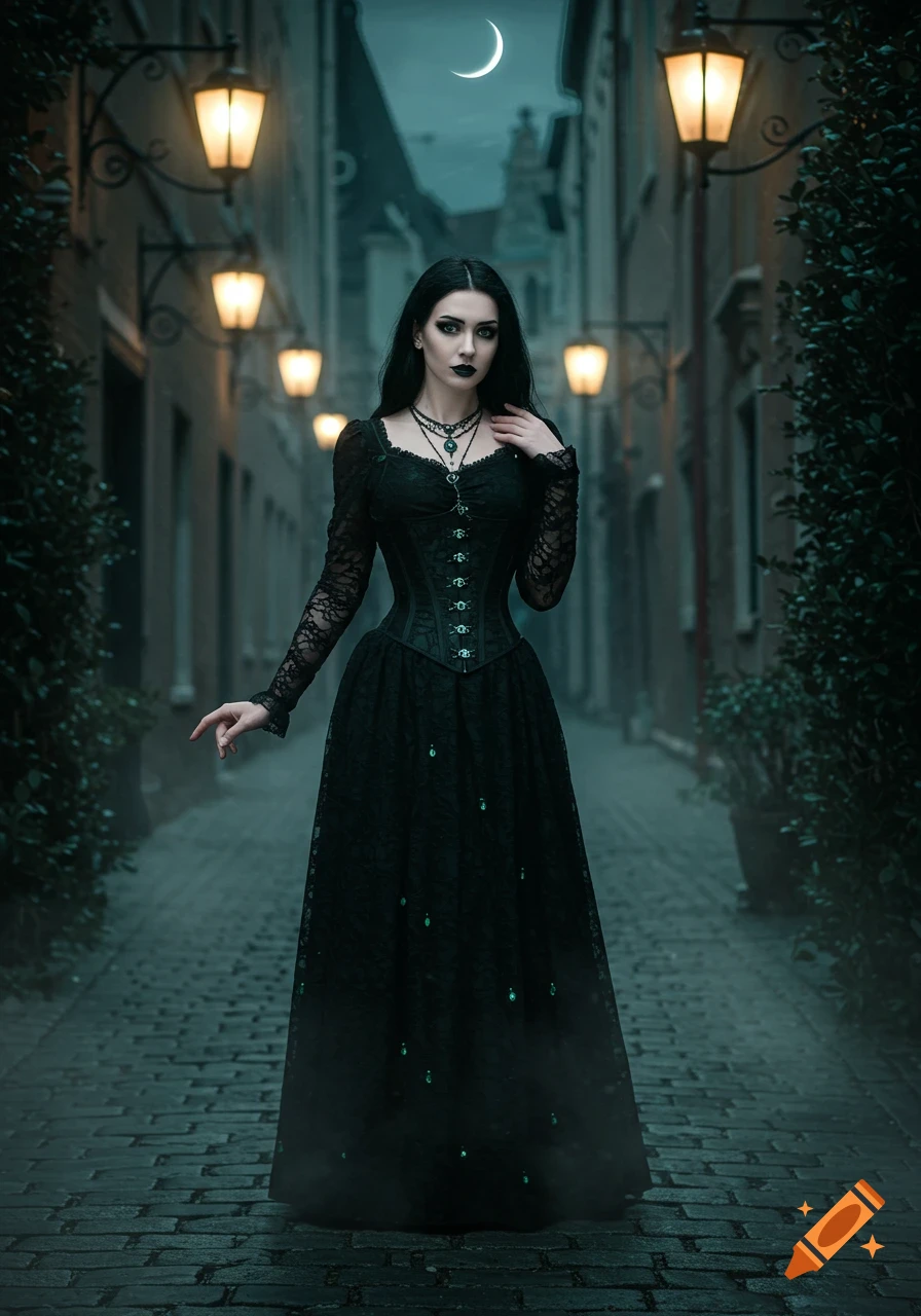 A goth woman in a black corset dress with green accents stands in a dark, cobblestone alley lit by gas lamps under a crescent moon.