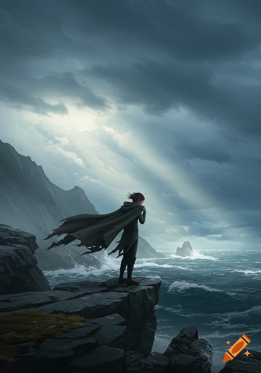A cloaked figure stands on a cliff overlooking a stormy sea under dramatic, sun-streaked clouds. Digital art.