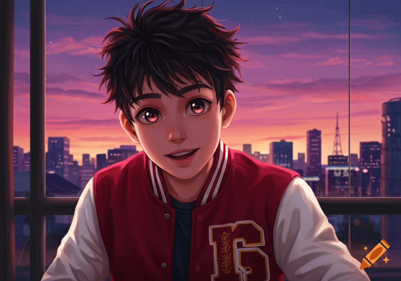 An anime boy with dark messy hair and red eyes smiles, wearing a red and white varsity jacket, in front of a city skyline at sunset.