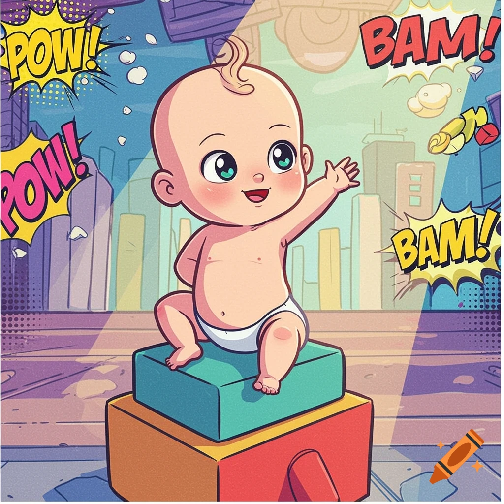 A cute cartoon baby in a diaper sits on colorful blocks against a city backdrop with 'POW!' and 'BAM!' comic book sound effects.