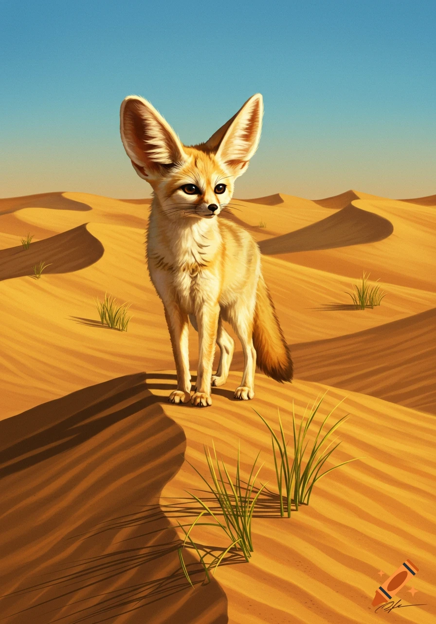 A fennec fox with large ears stands in a sunny desert with sand dunes and sparse green plants, rendered in an illustrative style.