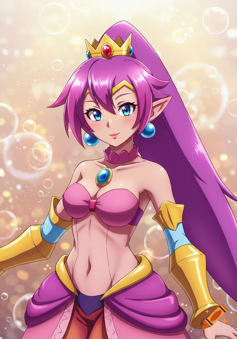 Detailed anime portrait of a female character with long purple hair, blue eyes, elf ears, a golden crown, pink top, and skirt, against a bubbly background.