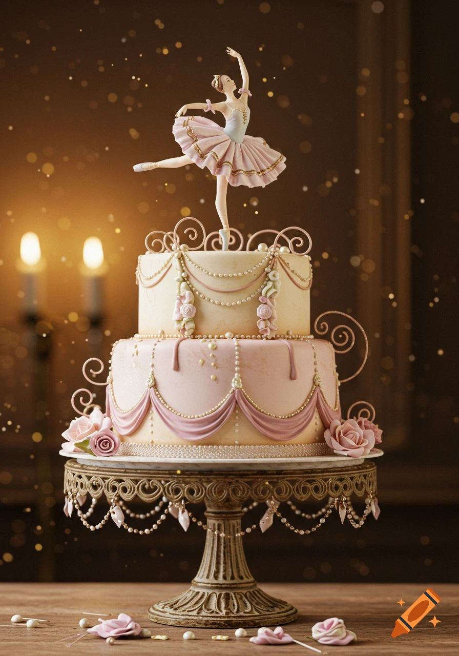 A two-tiered, light pink and cream cake with a ballerina figurine on top, decorated with pearls, ribbons, and roses, set on an ornate stand against a bokeh background.