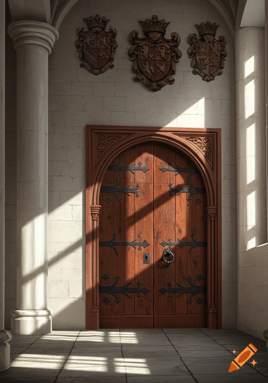 A grand wooden arched door with iron details set in a stone castle hall, illuminated by sunbeams from a side window.