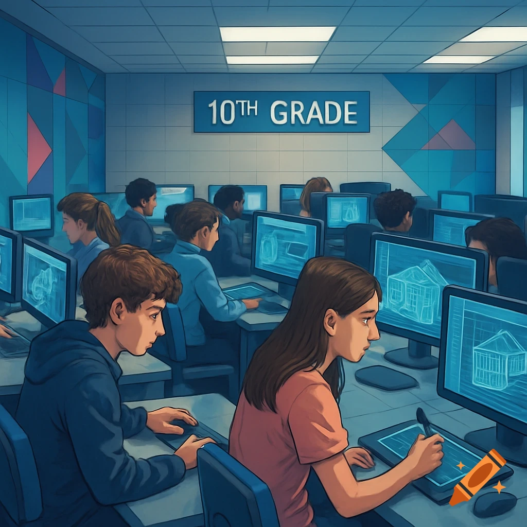 Illustrated scene of 10th-grade students in a computer lab working on CAD projects, with a '10TH GRADE' sign.
