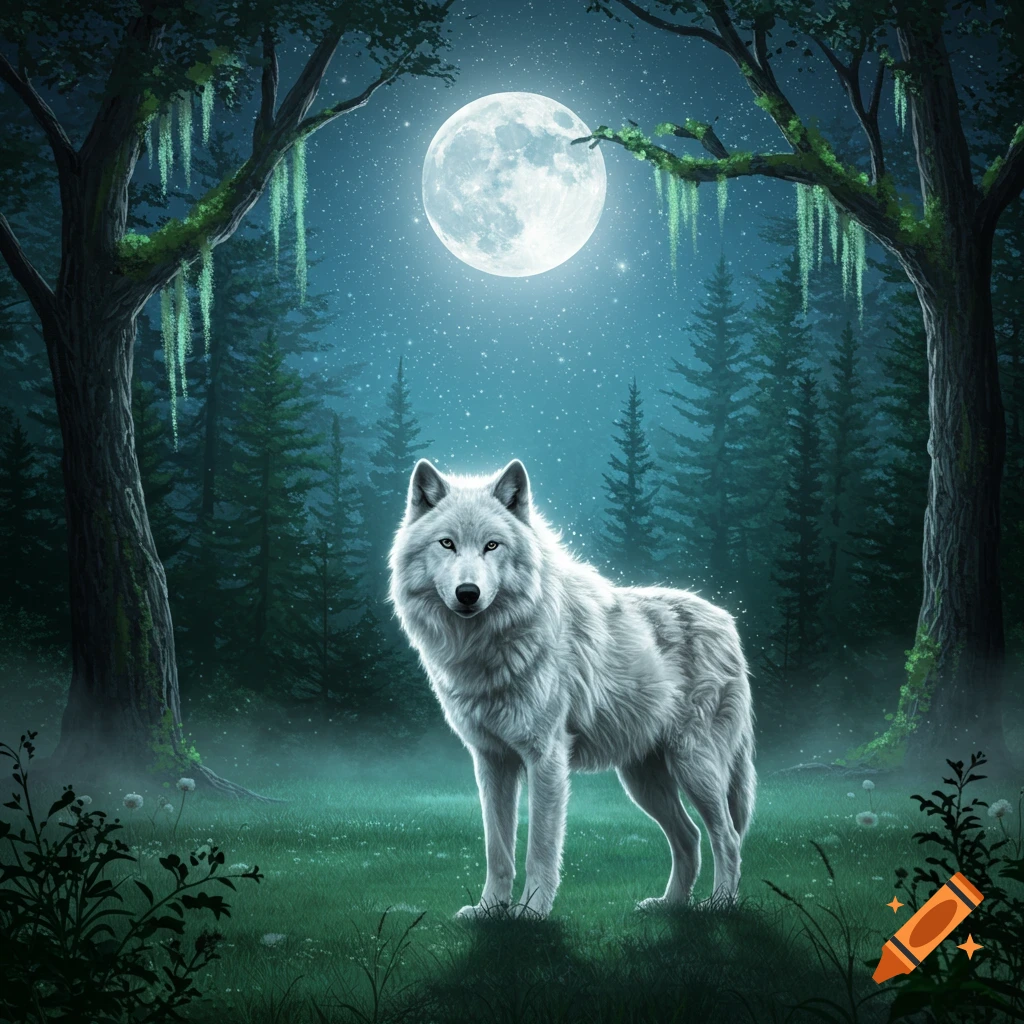 A majestic white wolf stands in an enchanted forest at night under a bright full moon and starry sky, with tall trees and glowing mist.