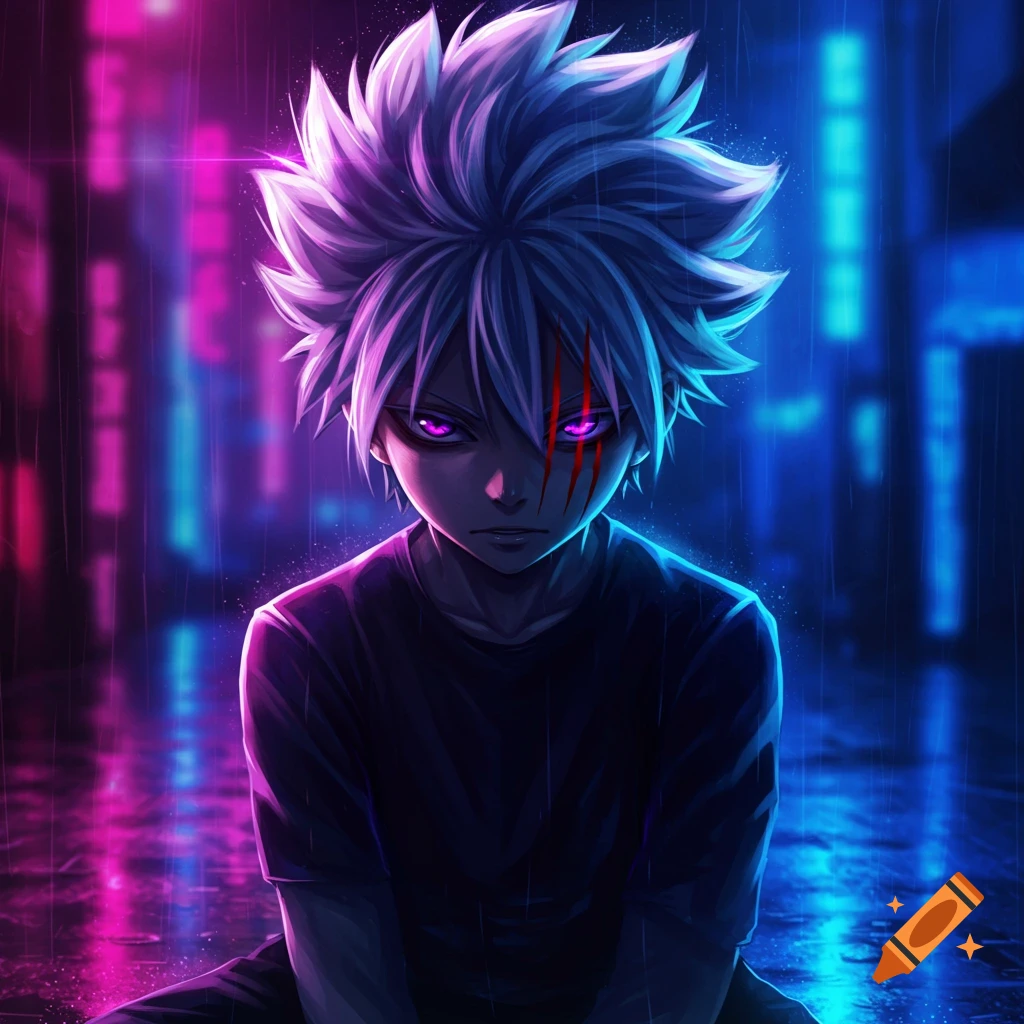 Close-up of an anime character with spiky white hair, purple eyes, and a red claw mark over the left eye, sitting in a neon-lit rainy city street.