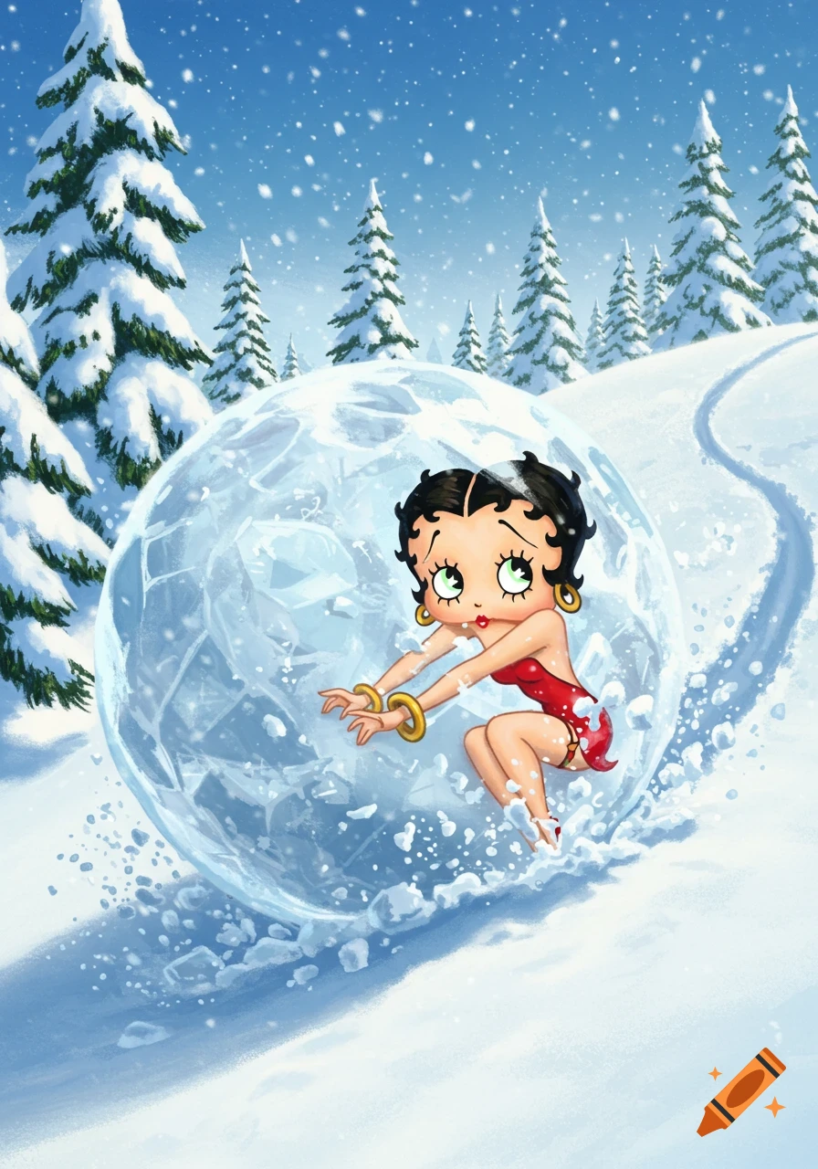 Cartoon Betty Boop, wearing a red outfit, stuck inside a giant snowball rolling down a snowy hill with pine trees.
