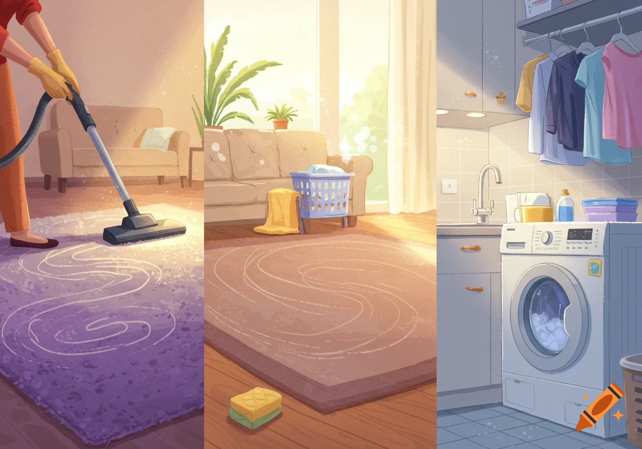 A stylized triptych showing various household cleaning tasks: vacuuming a purple rug, a laundry basket in a sunny living room, and a washing machine in a laundry area.