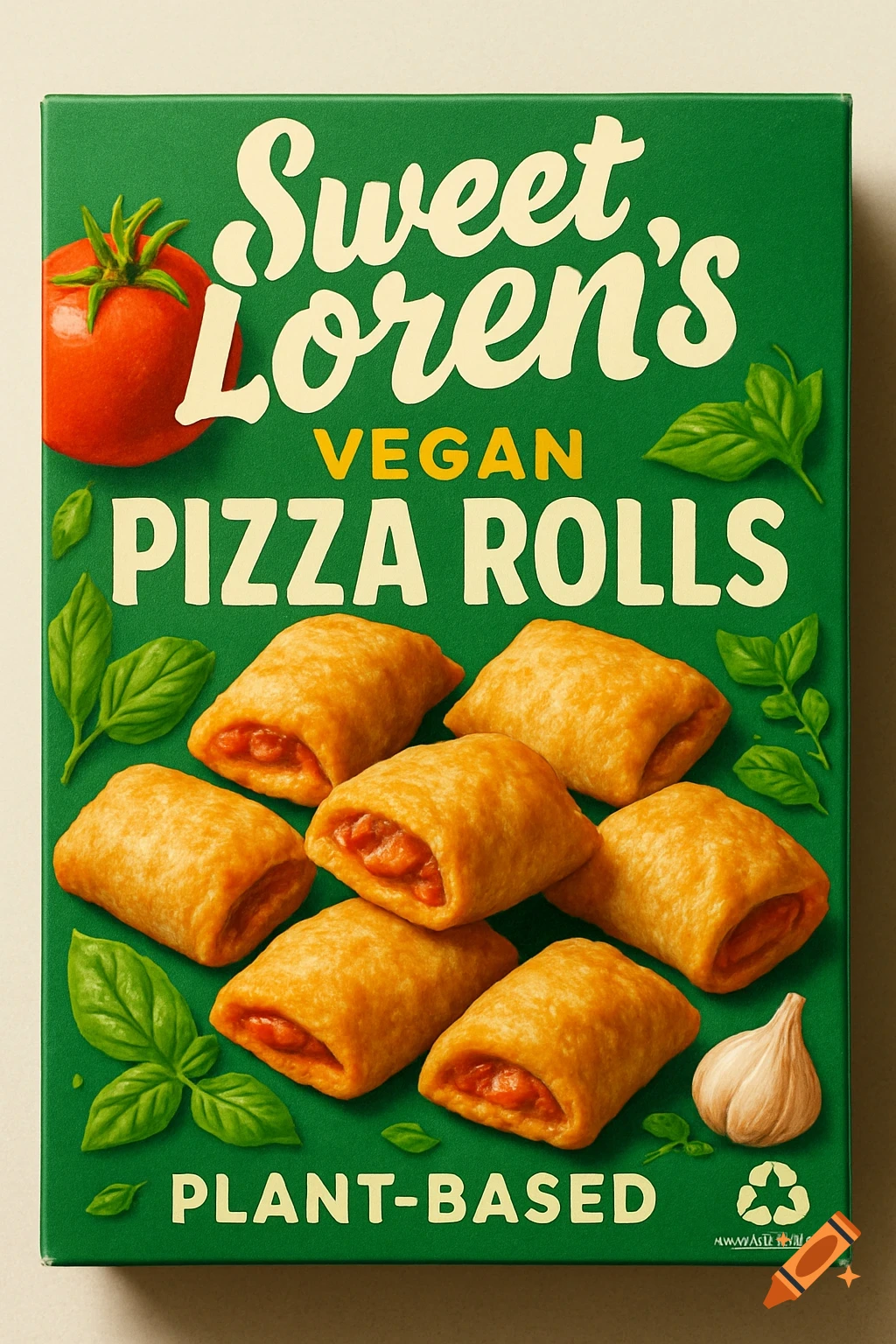 A green box for Sweet Loren's Vegan Pizza Rolls, featuring several pizza rolls, a tomato, basil leaves, and garlic on the package design.