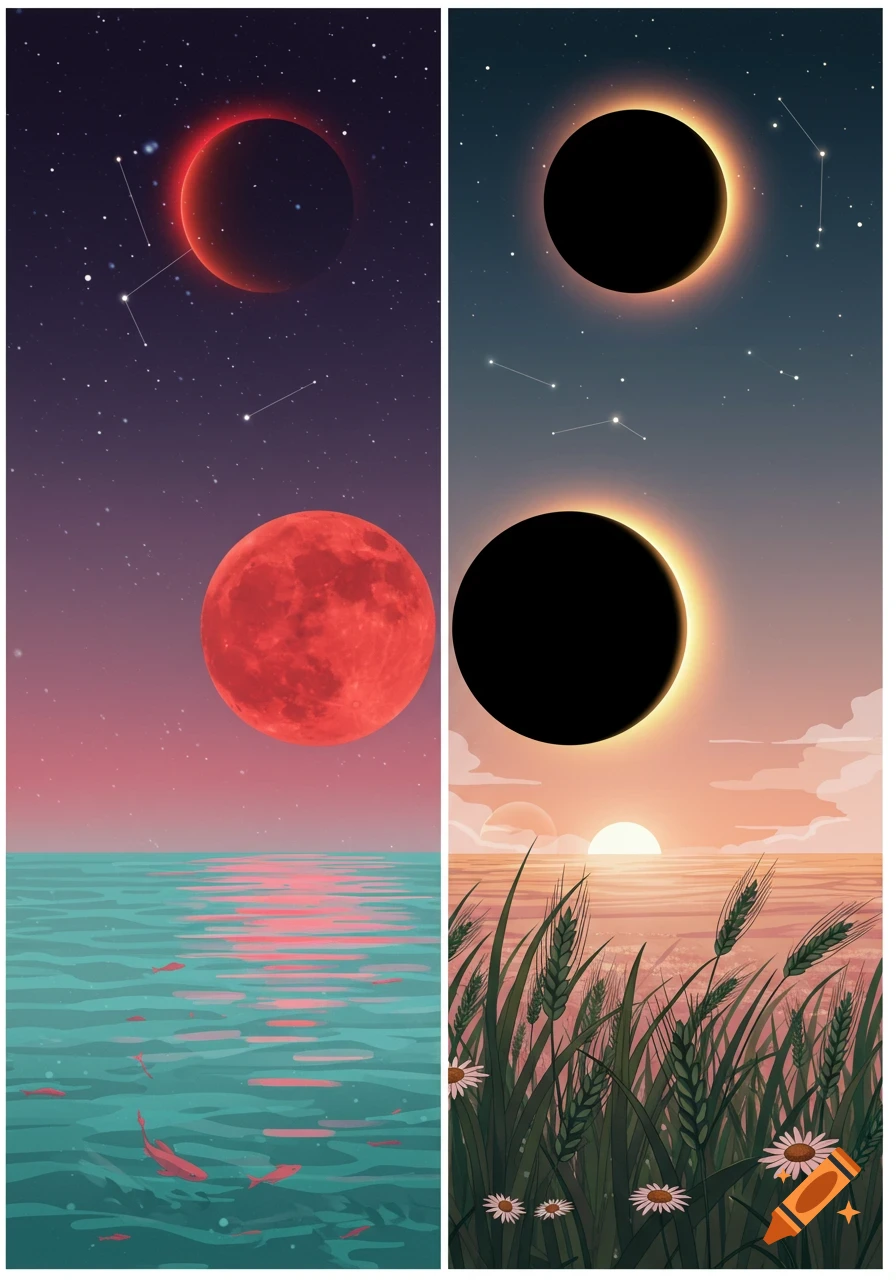 Vibrant split illustration of a blood moon over a teal ocean with fish, and a solar eclipse over a sunset landscape with wheat and daisies.
