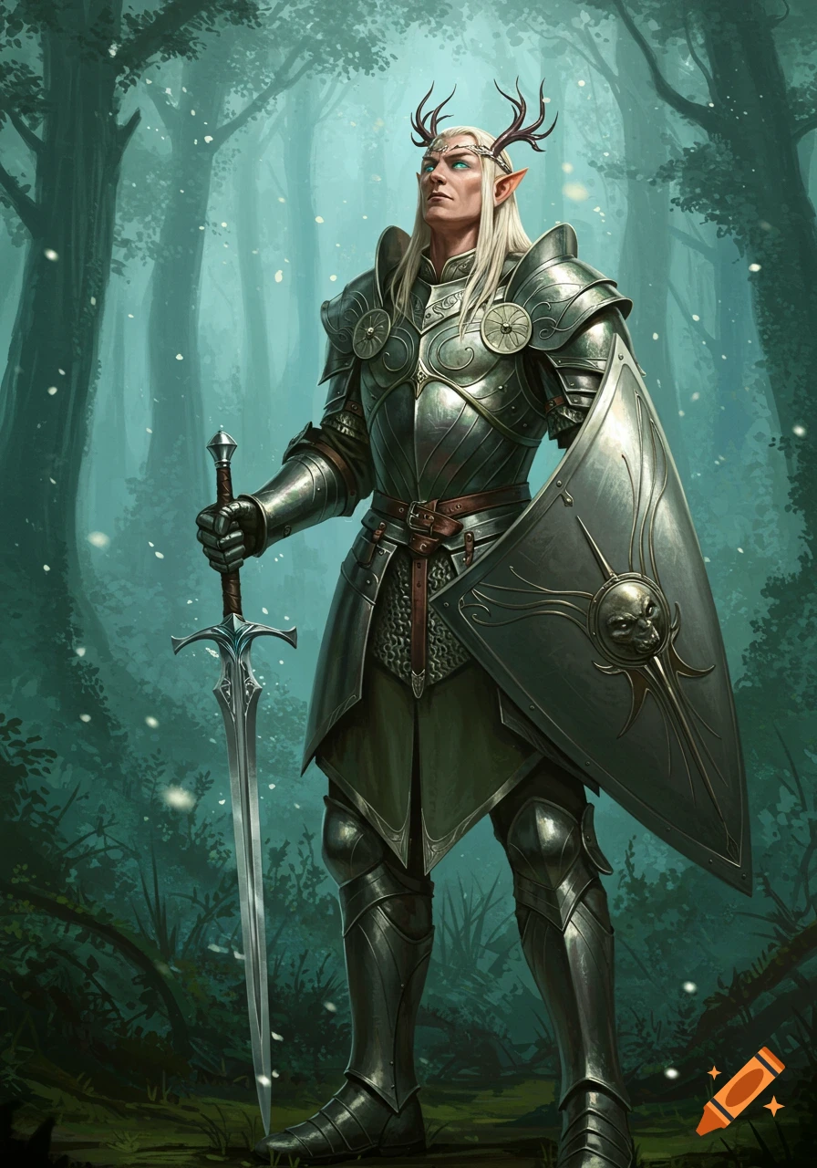 A male elf warrior in elaborate full plate armor stands in a misty, dark forest, holding a silver sword and a shield.