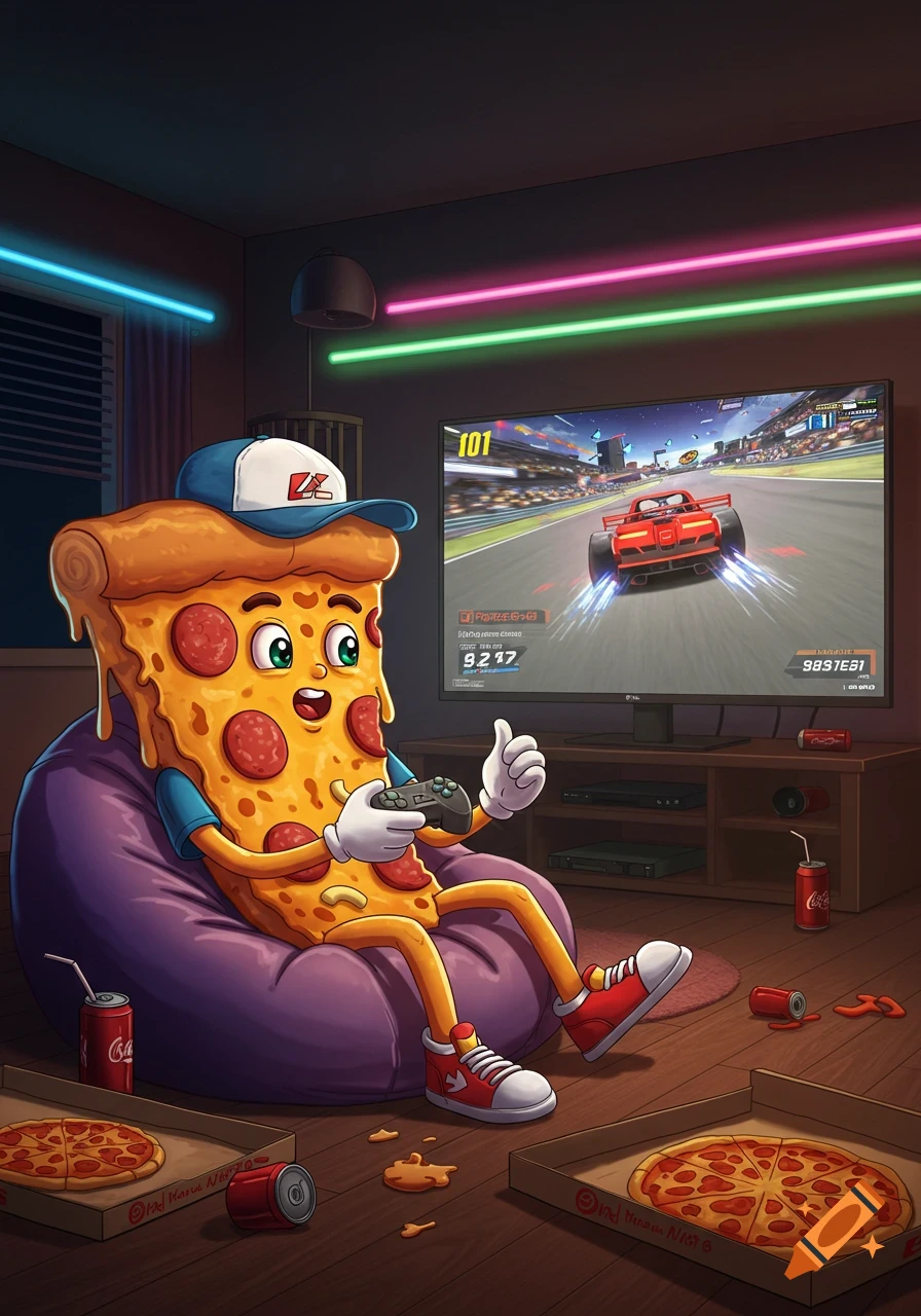 An anthropomorphic pizza slice wearing a hat and shoes sits on a bean bag, holding a video game controller and giving a thumbs up. He is playing a racing game on a large TV screen in a dimly lit room with neon lights. Empty pizza boxes and soda cans are scattered on the floor.