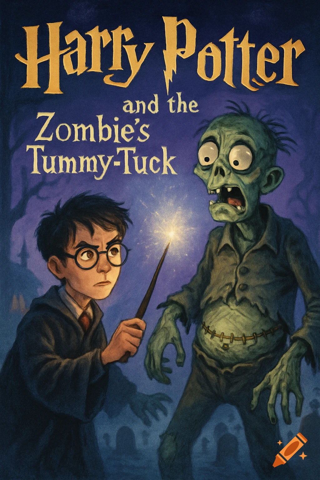 Illustrated book cover of Harry Potter pointing his wand at a startled zombie in a graveyard.