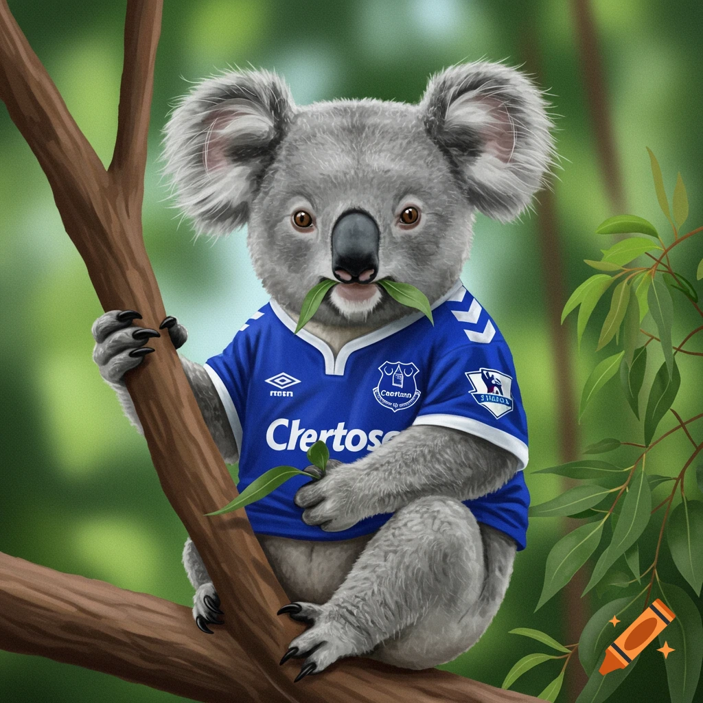 A cute fluffy koala sits on a tree branch, eating leaves, and wearing a blue Everton football club jersey.