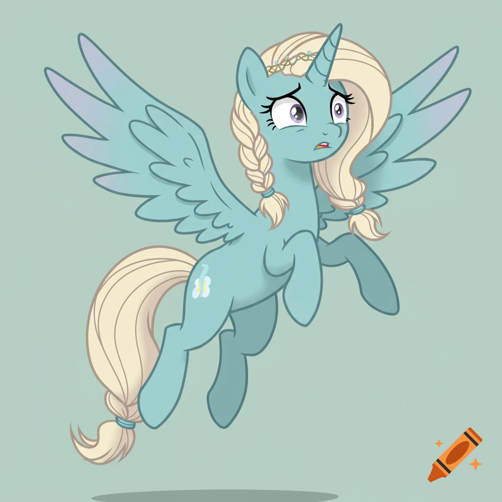 A light teal blue alicorn with blonde braided hair and purple-tipped wings struggles to fly, looking uneasy in an animated style.