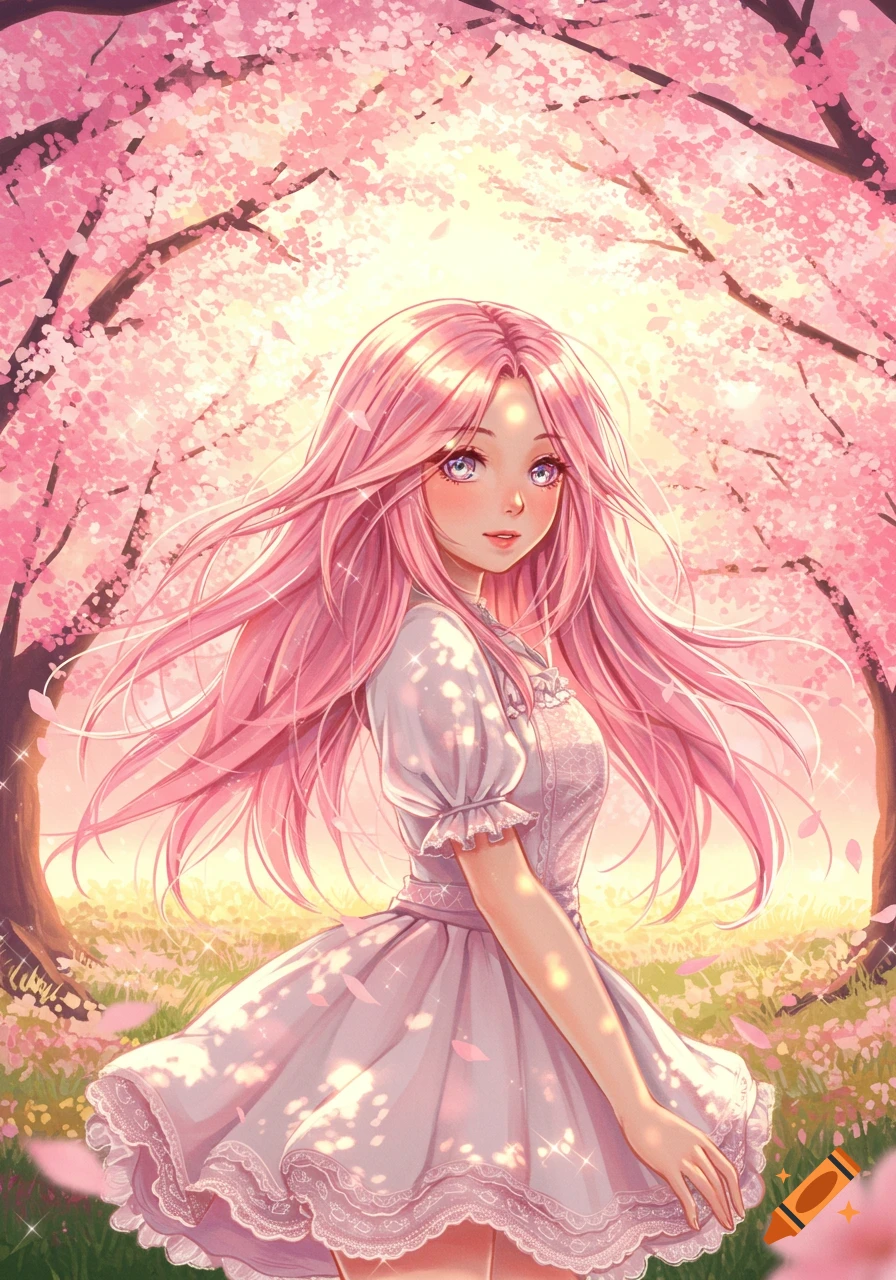 Anime girl with pink hair stands under a canopy of glowing pink cherry blossoms at sunset, with petals falling.